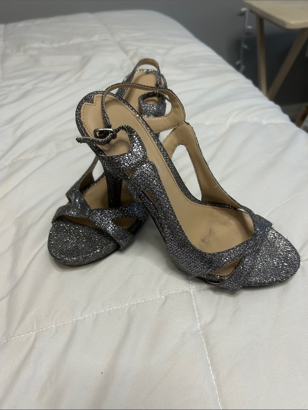 Via Spiga Silver Glitter Open-Toe Slingback Heels